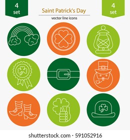 Set of Saint Patrick's Day icons in modern linear style. Rainbow,  flashlight,  icon,  belt,  Irishman, shoes, clover, hat