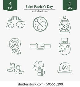 Set of Saint Patrick's Day icons in modern linear style. Sticks of rainbow, coin,  flashlight,  icon,  belt,  Irishman, shoes, clover, hat