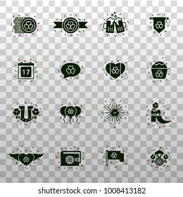 Set of Saint Patrick's Day, Irish and lucky silhouettes and icons: coin, beer, flag, calendar, heart, cake, horseshoe, aiir balloons, leprechaun shoes, shamrock. St Patrick holiday monochrome symbols.