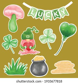 Set of saint patrick's day sticker  by watercolor. watercolor illustration for saint patrick's day .Illustration bundle by hand drawing.