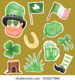 Set of saint patrick's day sticker  by watercolor.watercolor illustration for saint patrick's day .Illustration bundle by hand drawing.