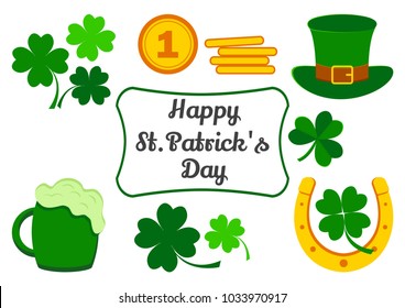 Set for Saint Patrick's Day. Symbols of holiday. Clover, coins, hat, horseshoe, beer. Vector illustration