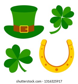 Set for Saint Patrick's Day. Symbols of holiday. Clovers, hat, horseshoe. Vector illustration