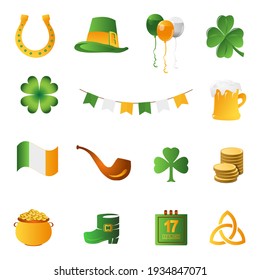 Conjunto de símbolos e iconos del Día de San Patricio. Fiesta irlandesa que consiste en una olla de monedas de oro, sombrero verde, trébol de oro, bandera, globos, herradura.