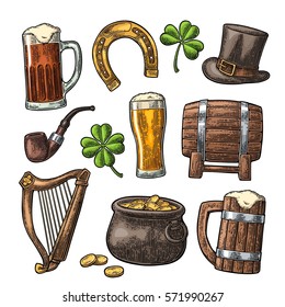Set for Saint Patrick's Day. Vector vintage color engraved illustration. Isolated on white background.