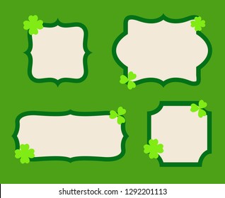 Set of Saint Patrick's Day vintage vector frames with clover shamrock leaves. Irish festival celebration greeting card green design background.