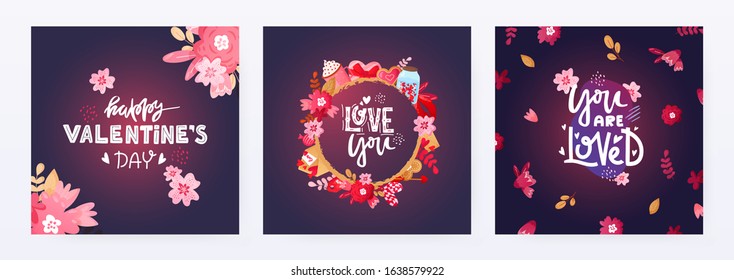 Set of Saint Valentine's Day backgrounds with text. Vector holiday design for ad posters and greeting cards.