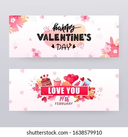 Set of Saint Valentine's Day banners with text. Vector holiday design for ad flyers and web banners.
