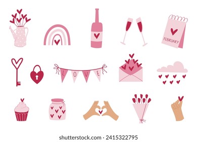 A set of Saint Valentines Day design elements. Love letter, wine, drinking glasses, calendar, padlock, key, hands holding hearts.