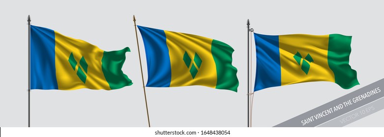 Set of Saint Vincent and The Grenadines waving flag on isolated background vector illustration. 3 wavy realistic flag as a symbol of patriotism