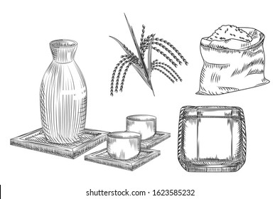 Set of sake. Traditional Japanese rice alcohol drink. Collection of ceramic vase and cup, stalk and rice bag, barrel of sake. Elements for restaurant menu design.Engraving style. Vector illustration. 