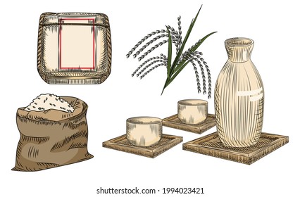 Set of sake. Traditional Japanese rice alcohol drink. Collection of ceramic vase and cup, stalk and rice bag, barrel of sake. Elements for restaurant menu design.Engraving style. Vector illustration.