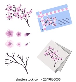 A set of sakura branches, flowers, buds,a branch,an envelope and a napkin decorated with a cherry branch in bloom.Vector illustration for festive designs for Valentine's Day, March 8.