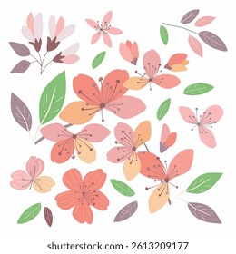 Set of sakura branches and flowers. Gray, green and pink colors. Soothing and elegant aesthetic, perfect for adding a touch of nature to any space of design. For patterns, postcards, invitations