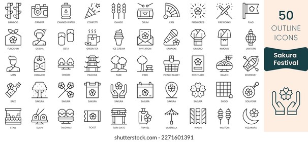 Set of sakura festival icons. Thin linear style icons Pack. Vector Illustration