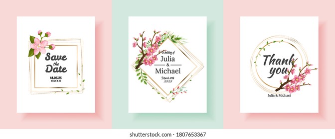 Set of sakura flowers backgrounds. Floral wedding invitation cards template design. Holiday invitation, greeting cards and fashion design