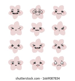 Set of sakura flowers with cartoon kawaii faces, different emotions. Vector flat illustration.