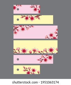set sakura on a light-yellow background:
six short and long tags-strips