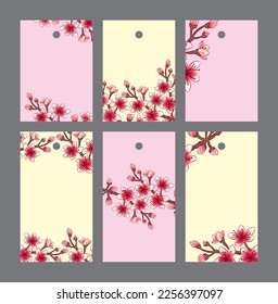 set sakura on a light-yellow and pink background:
three short and three long rectangular tags