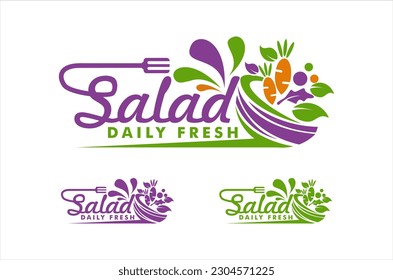 conjunto de símbolos de la barra de ensaladas logotipo tipografía manuscrita ilustración con tazón, icono de tenedor cocina saludable y símbolos orgánicos de comida para su barra de ensaladas o vegetal