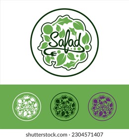 set of salad bar logo handwritten typography lettering illustration with bowl, fork icon healthy cooking and organic food symbols for your salad bar or vegan