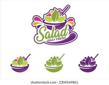 set of salad bar logo illustration with bowl icon healthy cooking and organic food symbols for your salad bar or vegan