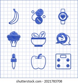 Set Salad in bowl, Apple, Bathroom scales, Bodybuilder muscle, Pipette with oil, Broccoli, Smart watch and Banana icon. Vector