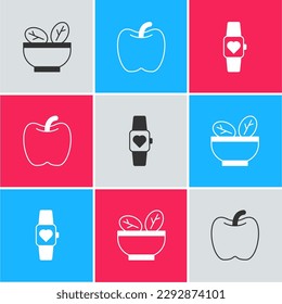 Set Salad in bowl, Apple and Smart watch icon. Vector
