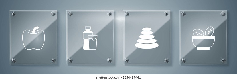 Coloque la ensalada en un tazón, apile piedras calientes, botella de agua con vidrio y manzana. Paneles de vidrio cuadrados. Vector