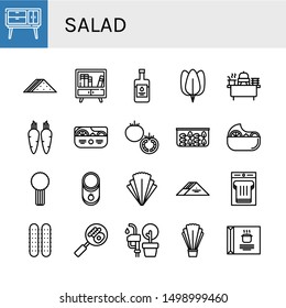 Set of salad icons such as Buffet, Sandwich, Balsamic vinegar, Spinach, Carrot, Salad, Tomato, Celery, Cucumber, Vegetable oil, Soup , salad