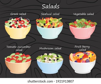 Set of salads, Greek, sea, vegetarian, tomatoes with cucumbers, mushroom and fruit salads on a black background. Healthy and wholesome food vector illustration.