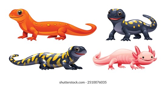 Conjunto de ilustración de dibujos animados de salamandra. Reptil de Vector aislado sobre fondo blanco