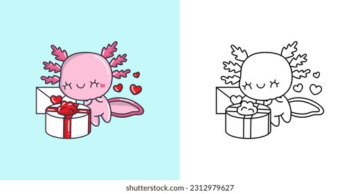 Set Salamander Coloring Page and Colored Illustration. Clip Art Kawaii Axolotl. Vector Illustration of a Kawaii Animal for Coloring Pages, Prints for Clothes, Stickers, Baby Shower.
