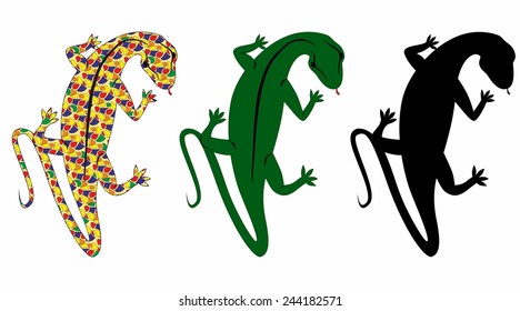 a set of salamander, plus salamander in the style of Gaudi, plus its silhouette.