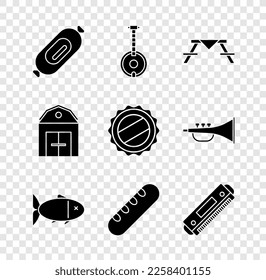 Set Salami sausage, Banjo, Picnic table with benches, Fish, French baguette bread, Harmonica, Farm House and Bottle cap icon. Vector