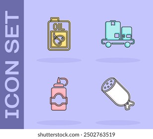 Set Salami sausage, Bottle of olive oil, Sauce bottle and Hand truck and boxes icon. Vector