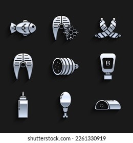 Set Salami sausage, Chicken leg, Meat, Sauce bottle, Fish steak, Crossed and  icon. Vector