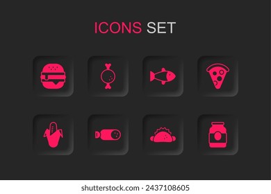 Set Salami sausage, Chicken leg, Burger, Taco with tortilla, Slice of pizza, Jam jar, Fish and Corn icon. Vector