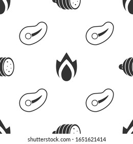 Set Salami sausage, Fire flame and Steak meat on seamless pattern. Vector