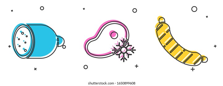 Set Salami sausage, Fresh frozen steak meat and Sausage icon. Vector