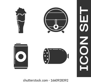 Set Salami sausage, Glass of beer, Beer can and Wooden barrel on rack with stopcock icon. Vector