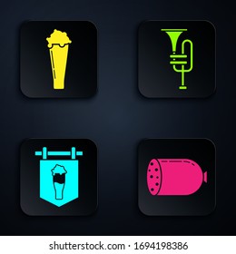 Set Salami sausage, Glass of beer, Street signboard with glass of beer and Musical instrument trumpet. Black square button. Vector
