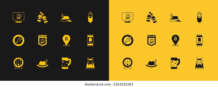 Set Salami sausage, Oktoberfest hat, Wheat, Glass of beer, Street signboard with, Wooden mug and Beer bottle icon. Vector