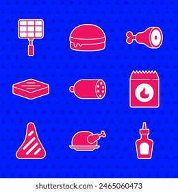 Set Salami sausage, Roasted turkey or chicken, Sauce bottle, Barbecue coal bag, Steak meat, Chicken leg and steel grid icon. Vector