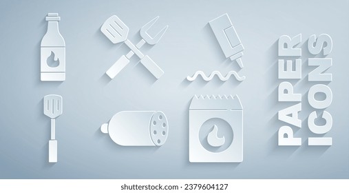 Set Salami sausage, Sauce bottle, Barbecue spatula, coal bag, Crossed fork and and Tabasco sauce icon. Vector