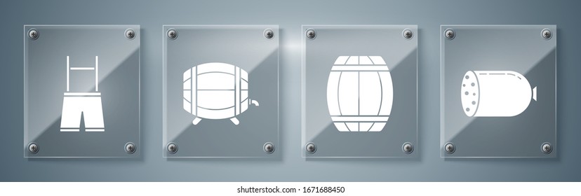 Set Salami sausage, Wooden barrel, Wooden barrel on rack with stopcock and Lederhosen. Square glass panels. Vector