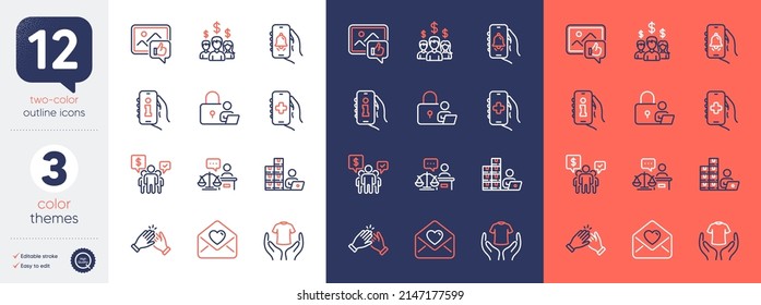 Set of Salary employees, Like photo and Teamwork line icons. Include Clapping hands, Info app, Court judge icons. Health app, Inventory, Love letter web elements. Lock, Bell alert. Vector