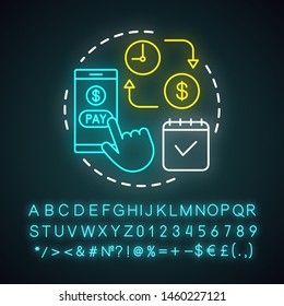 Set salary estimate neon light icon. Salary calculator. Wage payment. Budget calculation, accounting. Online billing service. Glowing sign with alphabet, numbers, symbols. Vector isolated illustration
