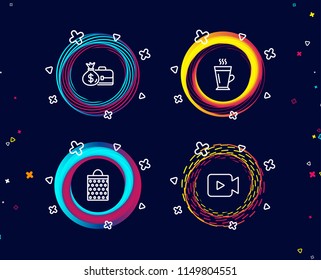 Set of Salary, Shopping bag and Latte icons. Video camera sign. Diplomat with money bag, Paper package, Tea glass mug. Movie or cinema.  Circle banners with line icons. Gradient colors shapes. Vector