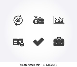 Set of Ð¡opyright, Salary and Update data icons. Investment, Tick and Portfolio signs. Copywriting book, Diplomat with money bag, Sales statistics. Economic statistics, Confirm check, Business case